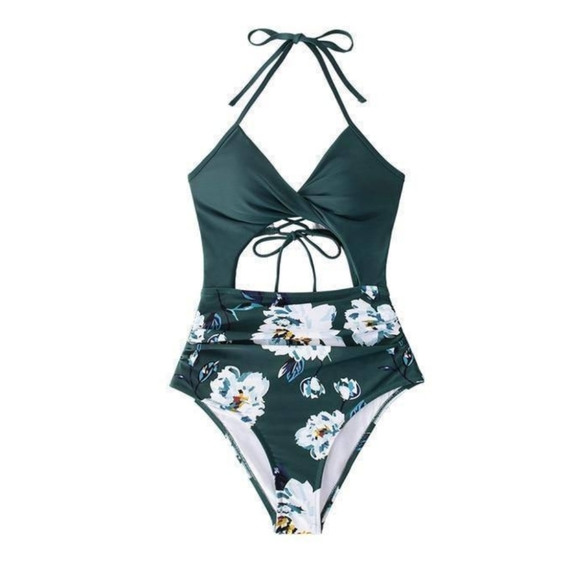 Cupshe Swim Cupshe Green Floral Print Halter One Piece Swimsuit